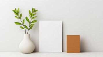 A white vase with a green leaf in it sits on a table next to a white frame photo