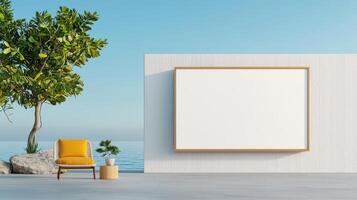 A white wall with a large white sign and a yellow chair in front of it photo