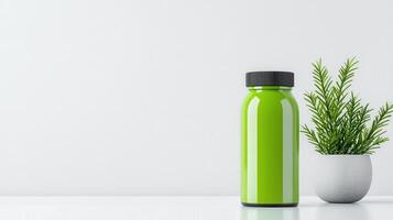 A green bottle of medicine sits on a table next to a potted plant photo