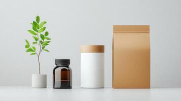 A brown box with a white label sits next to a bottle and a potted plant photo