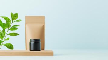 A jar of cream sits on a wooden shelf next to a brown paper bag photo
