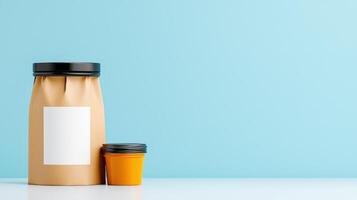 A jar of food sits on a table next to a brown paper bag photo