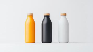 Three bottles of different colors, one yellow, one black, and one white photo