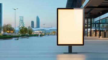 A large white billboard sits in a city plaza photo