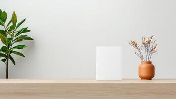 A white box sits on a wooden shelf next to a vase of flowers photo