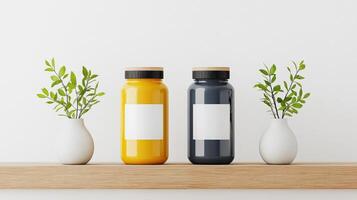 Two jars of different colors with white labels on a shelf photo