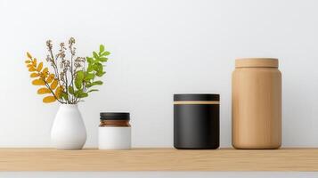 A shelf with a vase, a jar, and a jar with a lid photo