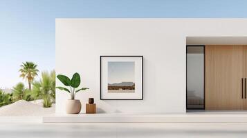 A white house with a large framed picture of a desert landscape on the wall photo