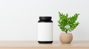 A bottle of medicine sits on a table next to a potted plant photo