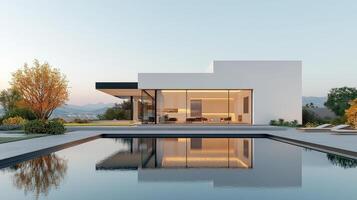 A large white house with a pool and a glass door photo