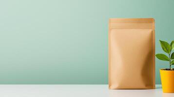 A brown paper bag with a plant in a yellow pot sits on a table photo