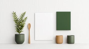 A white poster with a spoon on it sits on a table next to a green vase photo