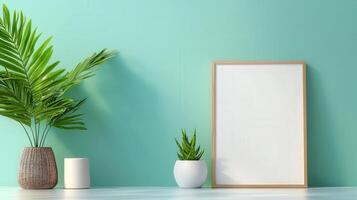 Minimal A white framed picture sits on a table next to a potted plant photo