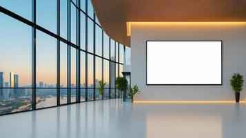 A large white wall with a large window and a large white sign photo