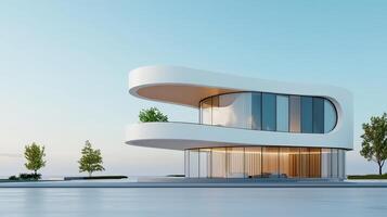 A white building with a curved design and a balcony photo