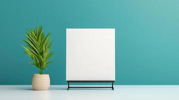 A minimal white sign sits on a table next to a potted plant photo