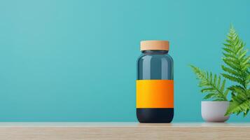 A bottle of medicine sits on a table next to a plant photo
