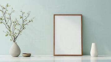 A white framed picture sits on a table next to a vase photo