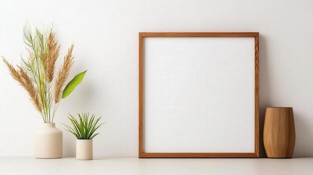 A minimal white frame sits on a table next to a vase and a potted plant photo