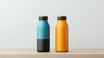 Two bottles of different colors, one blue and one orange photo