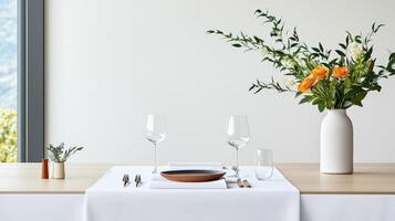 A minimal table with a vase of flowers and two wine glasses photo