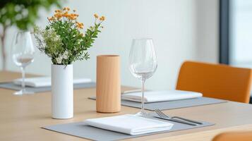 A table with a vase of flowers, a wine glass, and a fork and knife photo