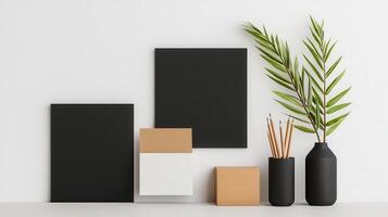 A white background with black and white squares, a vase, and a box photo