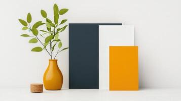 A vase with a plant in it sits on a table next to a white photo