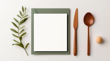 A white card with a green leaf on it and a wooden spoon and knife on top of it photo