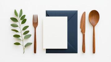 A white card with a fork, knife, and spoon on top of it photo
