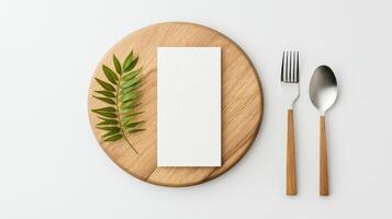 A white napkin sits on a wooden plate with a leaf on it photo