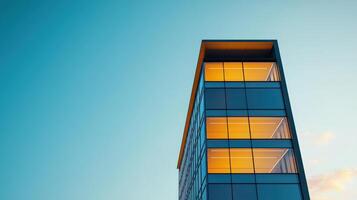 A tall building with a lot of windows and a bright yellow light shining on it photo