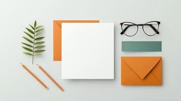 A white card with a pair of glasses and a pair of pencils on it photo