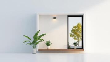 A window with a tree in front of it and a potted plant on a ledge photo