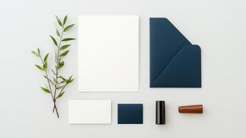 A white envelope, a blue envelope, a white card, and a black card photo