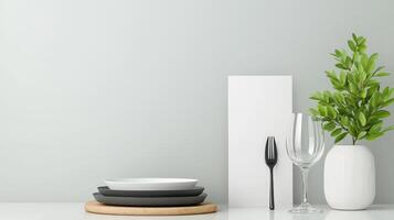 A white table with a white napkin and a fork and a vase with a plant photo