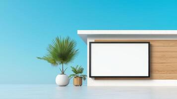 A white sign is on a wall next to a palm tree photo