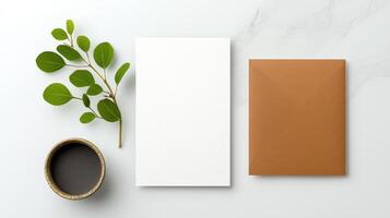 A white envelope sits on a table next to a leaf and a bowl photo