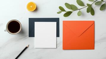 A white envelope sits on a table next to a cup of coffee and an orange photo