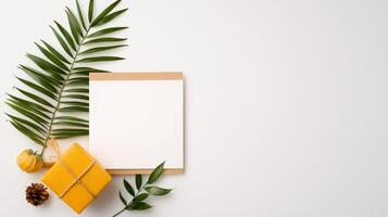 A white card with a yellow box on top of it photo