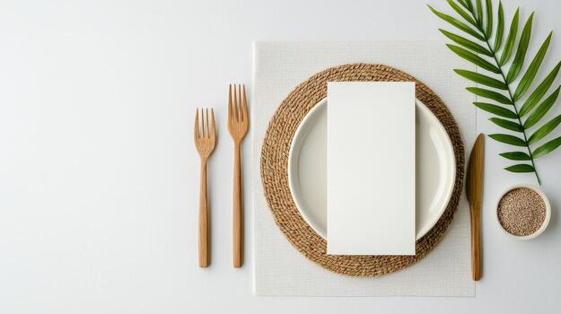 A white plate with a fork, knife and spoon on a table with a leafy green plant photo