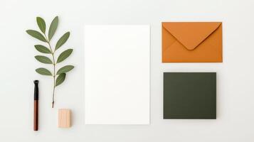 A white envelope sits on a table next to a pen and a leaf photo