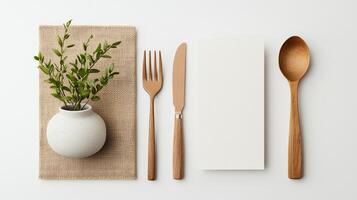 A white plate with a vase of green leaves and a fork, knife and spoon on it photo
