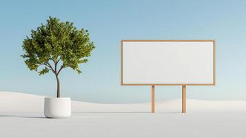 A minimal white sign is in front of a tree photo