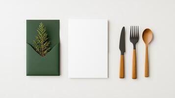 A green envelope with a tree inside and a fork, knife and spoon on top of it photo