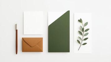 A green card with a leaf on it sits on a white background photo