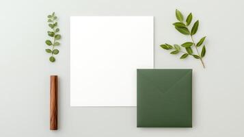 A white card with a green envelope and a stick of wood photo
