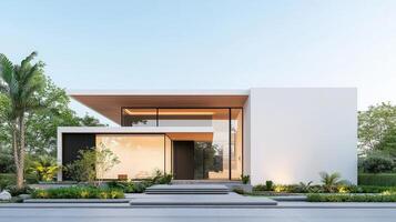 A minimal white house with a large glass window and a balcony photo