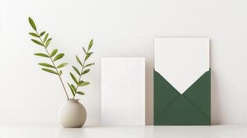 A white envelope sits on a table next to a vase with a green leaf in it photo