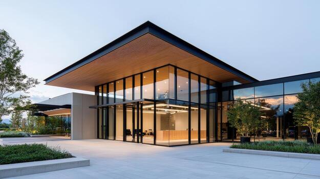 A large building with a glass roof and a large glass window photo